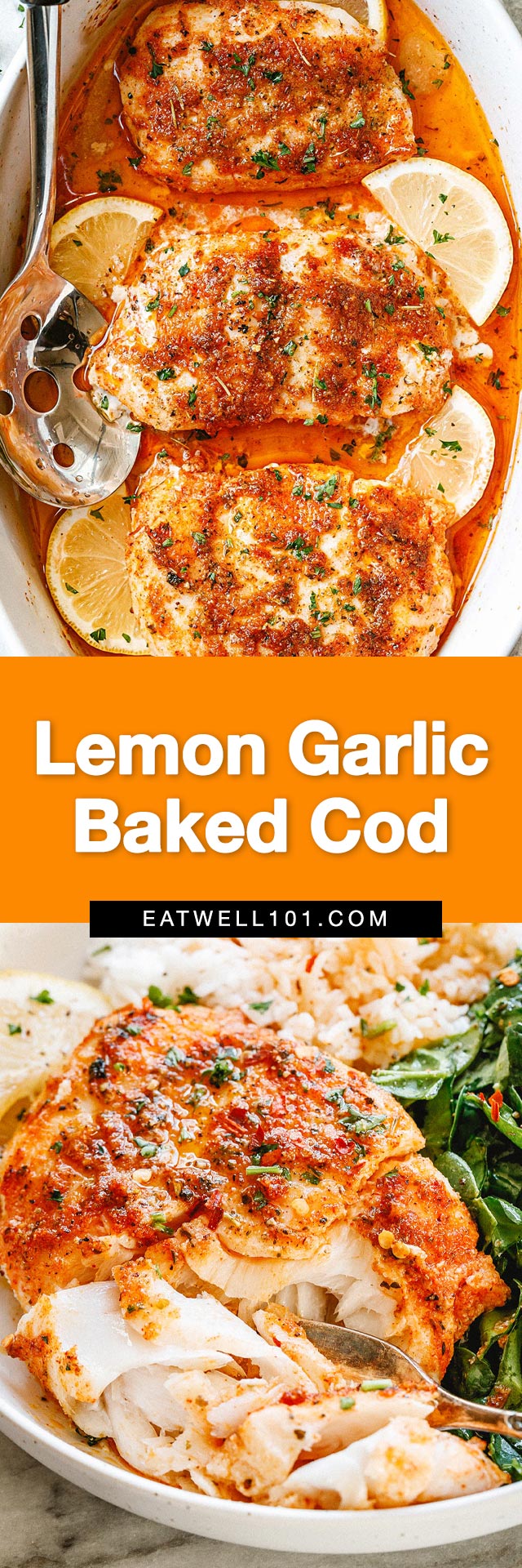 Lemon Garlic Baked Cod - #cod #fish #recipe #baked #eatwell101 - Oven-baked cod fillets with lemon and garlic is the perfect quick, healthy dinner option for a busy evening!