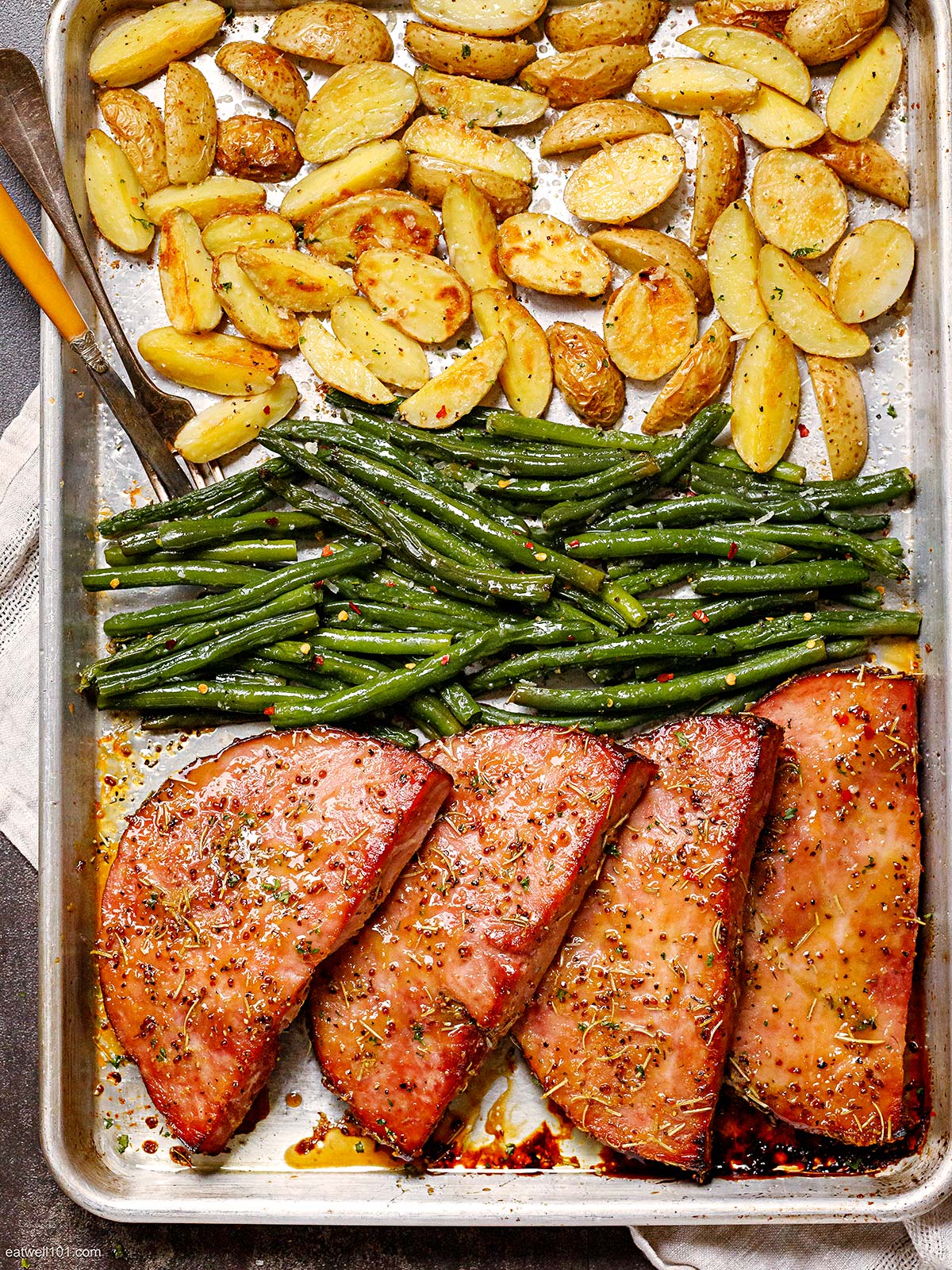 Ham Steaks Sheet Pan Dinner with Green Beans and Potatoes