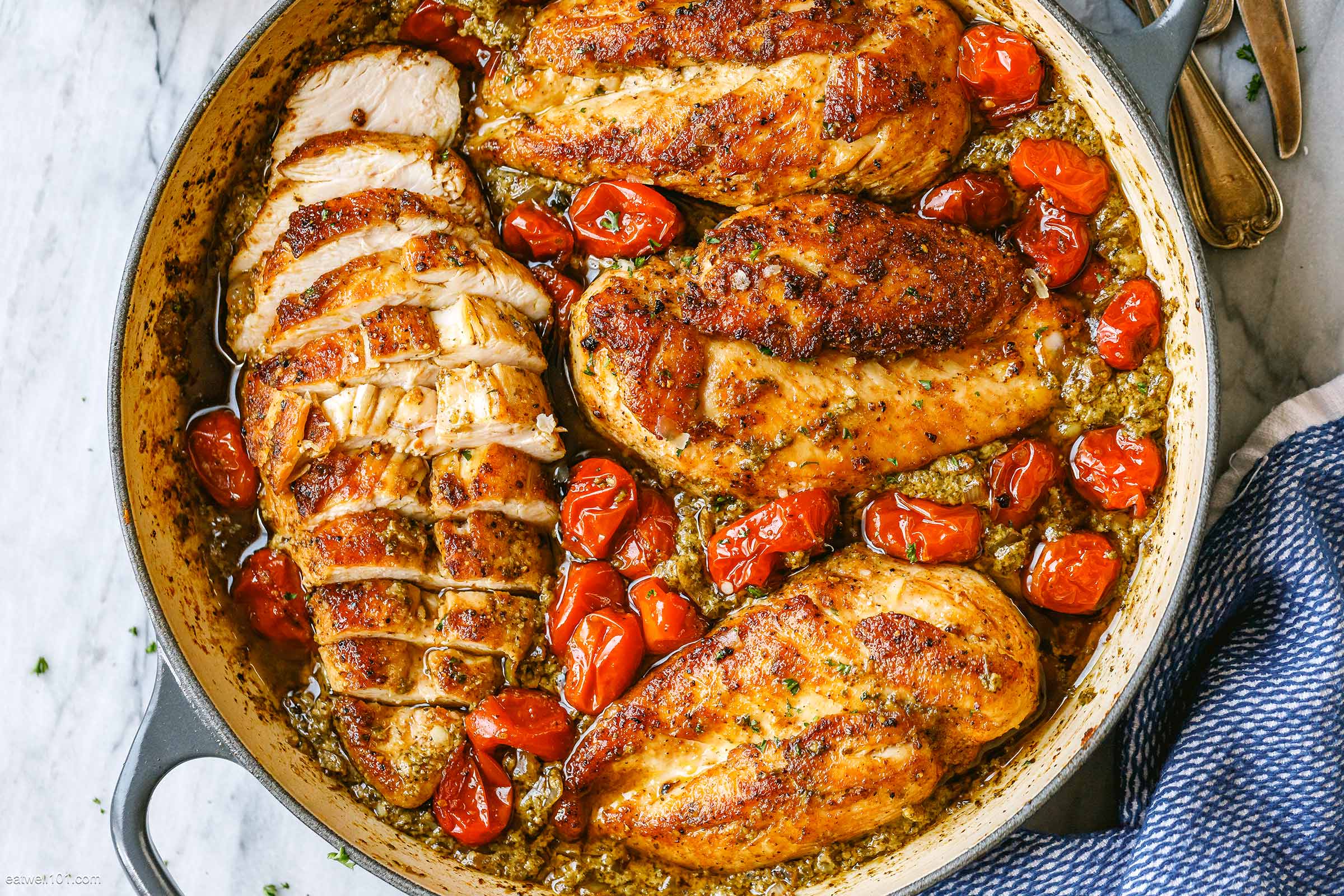 Creamy Pesto Chicken with Roasted Tomatoes