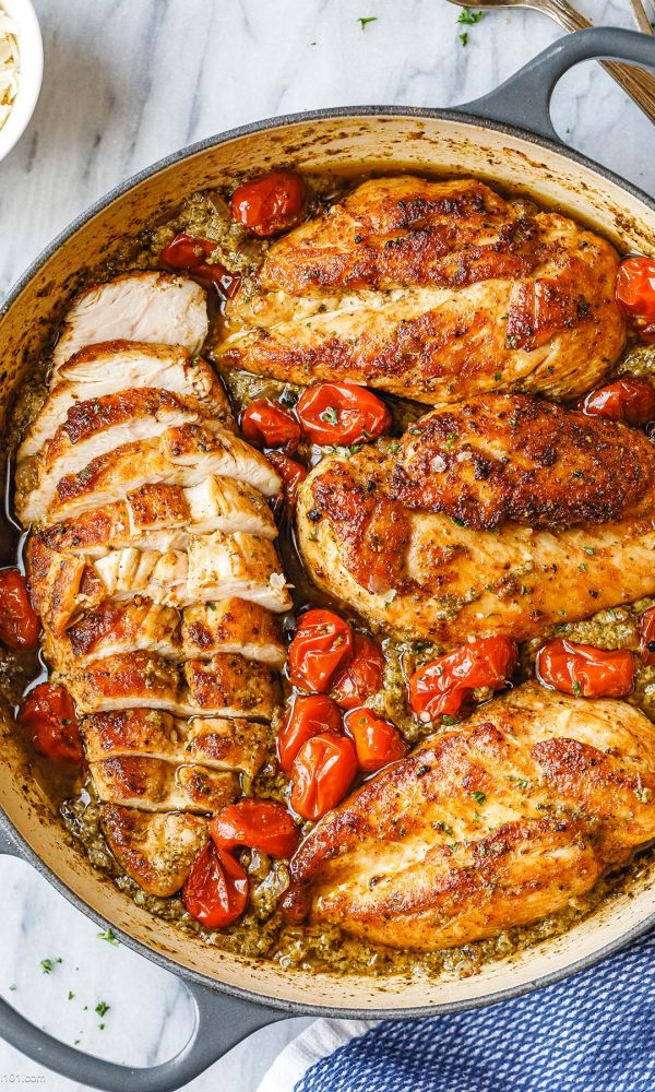 Creamy Pesto Chicken with Roasted Tomatoes