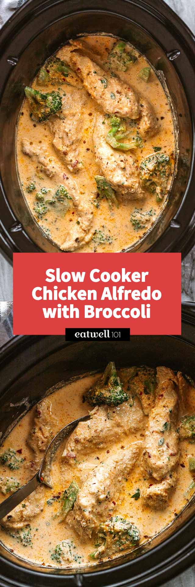 Slow Cooker Garlic Chicken Alfredo with Broccoli - #slowcooker #crockpot #chicken #recipe #eatwell101 - Absolutely loaded with flavor! This amazing crockpot chicken alfredo dinner is low carb and keto-friendly.