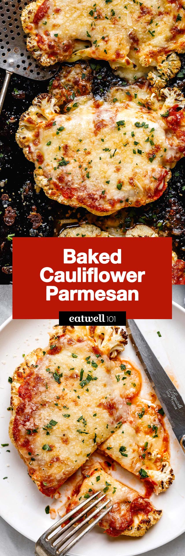 Roasted cauliflower parmesan - #cauliflower #parmesan #recipe #eatwell101 - A low carb, vegetarian dish with marinara sauce, mozzarella, and parmesan cheese to add a tasty vegetable to your dinner table.