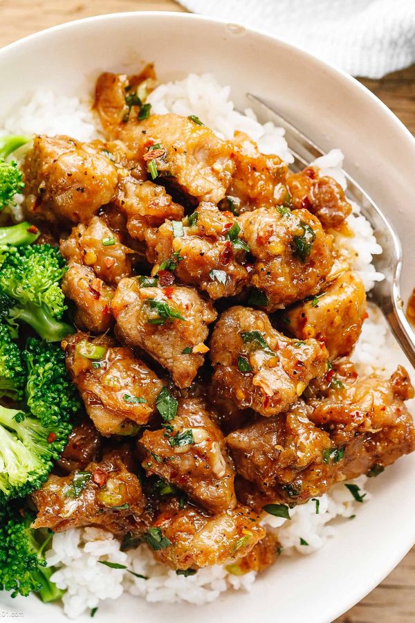 Honey Garlic Pork Rice Bowl - #recipe by #eatwell101 - https://www.eatwell101.com/honey-garlic-pork-rice-bowl-recipe