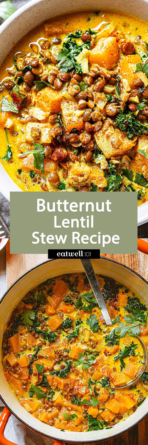 Coconut Butternut and Lentil Stew Recipe - #butternut #stew #lentil #kale #recipe #eatwell101 - This Coconut Butternut and Lentil Stew is an excellent plant-based dinner for just about any night of the week! 