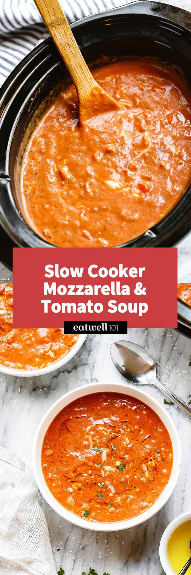 Slow Cooker Chicken Mozzarella Tomato Soup - #tomato #chicken #soup #slowcooker #crockpot #recipe #eatwell101 - A delicious and nourishing slow cooker tomato soup with chicken. You'll love every sip of this crockpot tomato soup!
