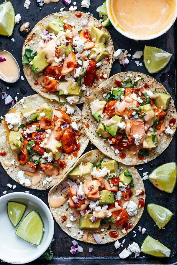 Air Fryer Salmon Tacos - #recipe by #eatwell101 - https://www.eatwell101.com/air-fryer-salmon-tacos-recipe