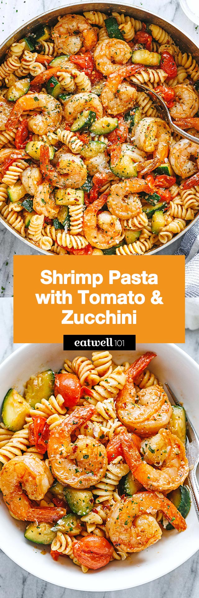 Tomato Zucchini Shrimp Pasta - #shrimp #pasta #recipe #eatwell101 - This zucchini tomato shrimp pasta recipe is a perfect weeknight dinner. You can make the shrimp pasta in less than 30 minutes and everyone loves it!