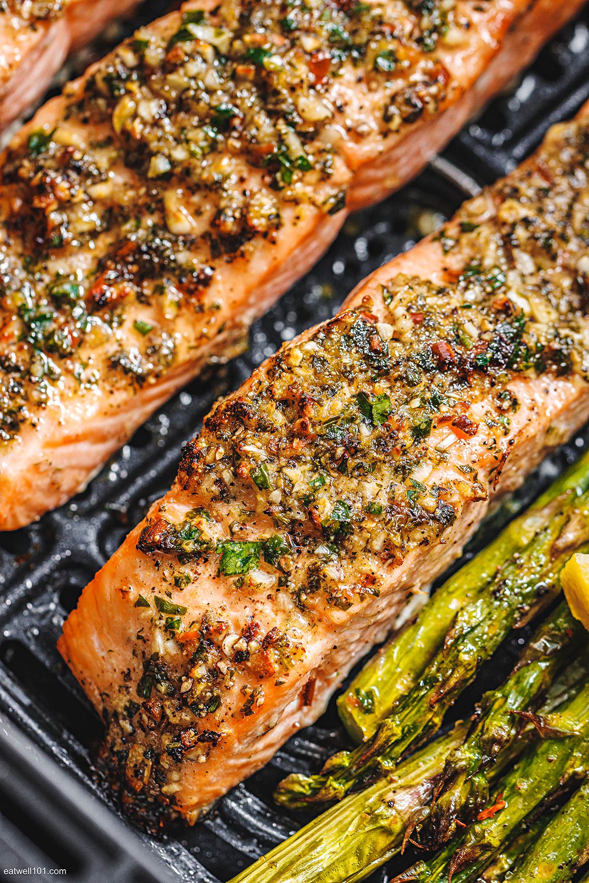 Air Fryer Salmon and Asparagus with Lemon Garlic Sauce