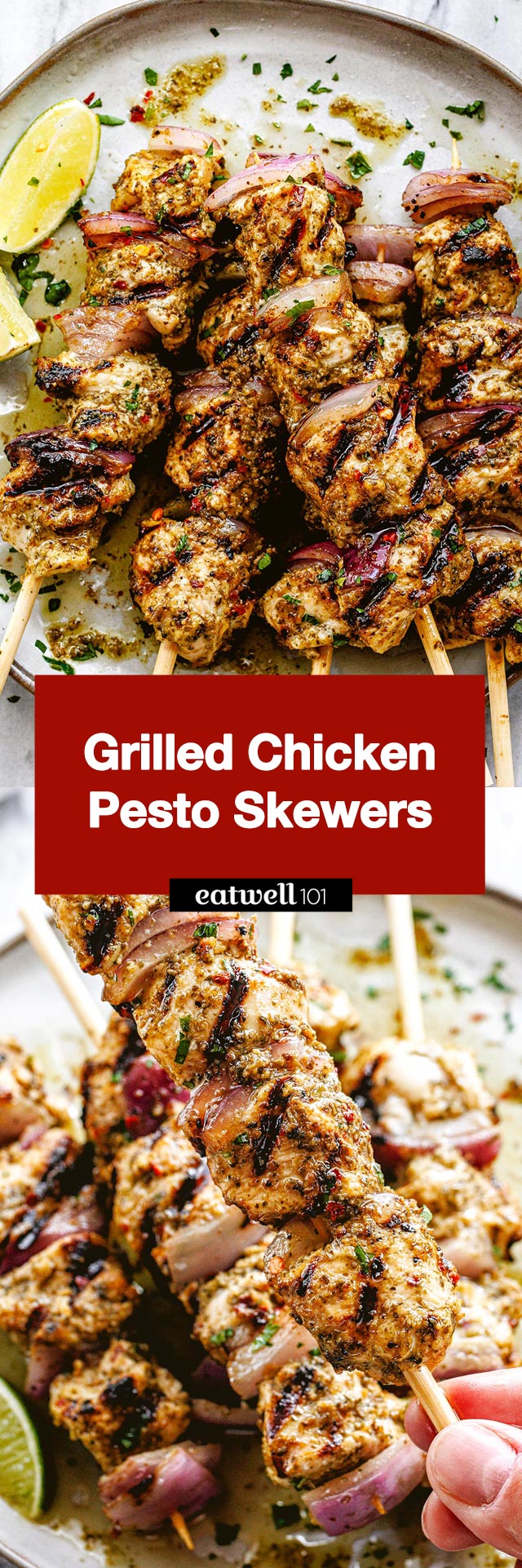 Chicken Pesto Skewers Recipe - #grilled #chicken #recipe #eatwell101 - These grilled chicken breast marinated in pesto are an easy way to enjoy a healthy, flavorful chicken dinner. Get your grill fired up, and get ready for some delicious grilled chicken pesto skewers! 