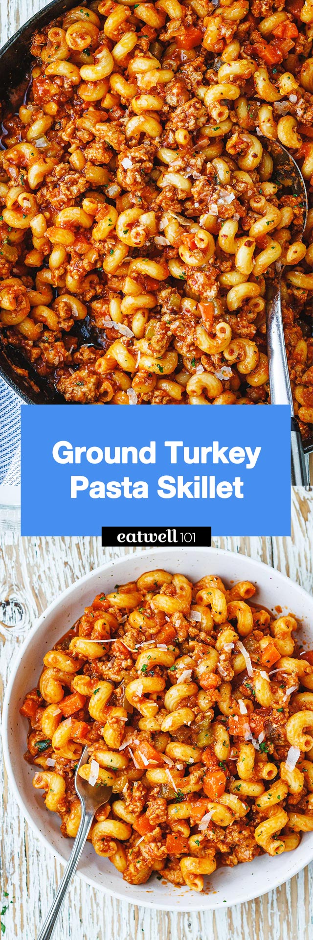 Ground Turkey Pasta Skillet - #turkey #pasta #recipe #eatwell101 - Try this quick and easy ground turkey pasta skillet is ready in less than 30 minutes - perfect for busy weeknights! Packed with hearty flavors, this turkey pasta dinner is sure to be a hit!