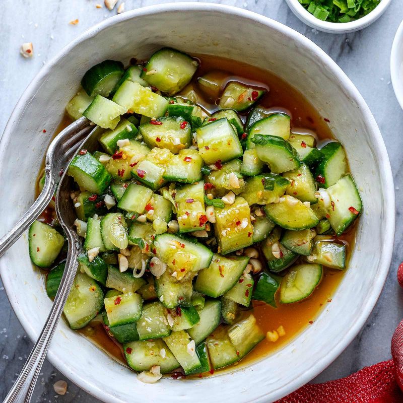 Marinated Cucumber Salad Recipe with Peanut and Honey Chili Sauce