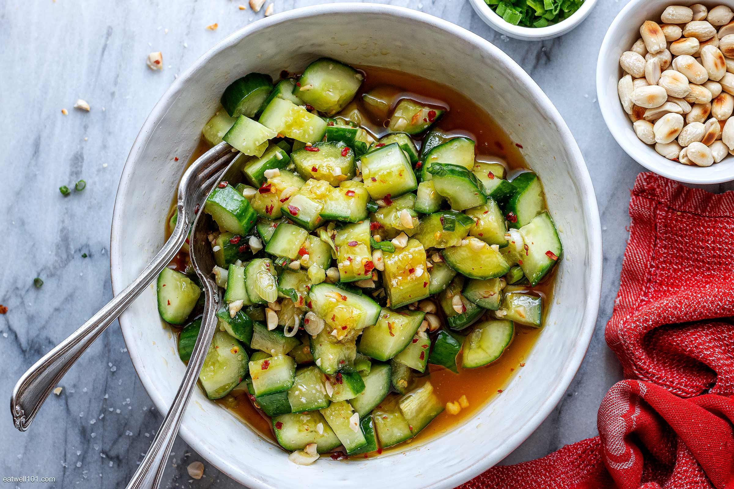 Marinated Cucumber Salad with Peanut and Honey Chili Sauce