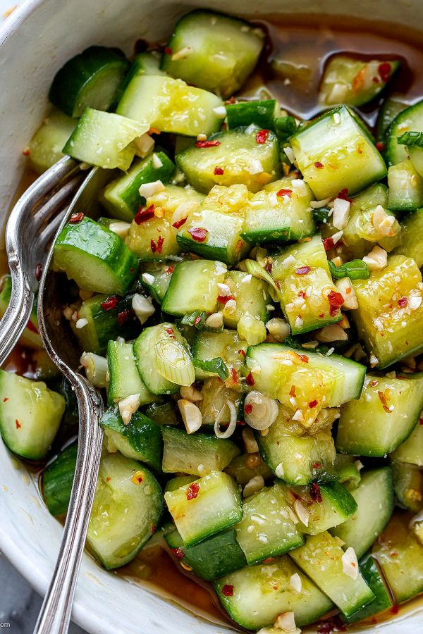 Marinated Cucumber Salad - #recipe by #eatwell101 - https://www.eatwell101.com/cucumber-salad-recipe-with-peanut-and-honey-chili-sauce