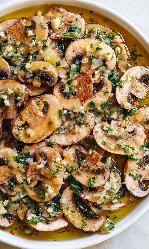 Olive Garlic Parmesan Marinated Mushrooms