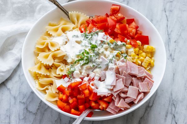 Corn Pasta Salad with Ham and Creamy Dressing