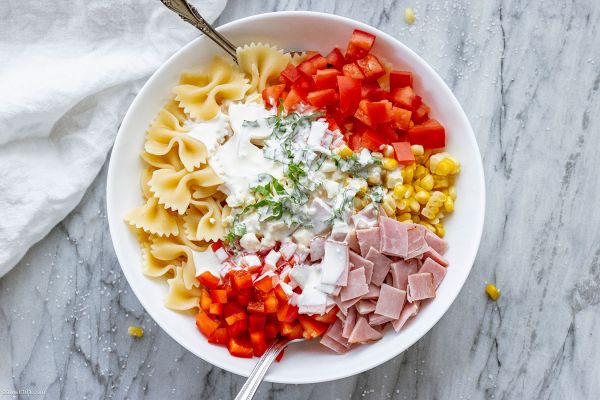 Corn Pasta Salad with Ham and Creamy Dressing