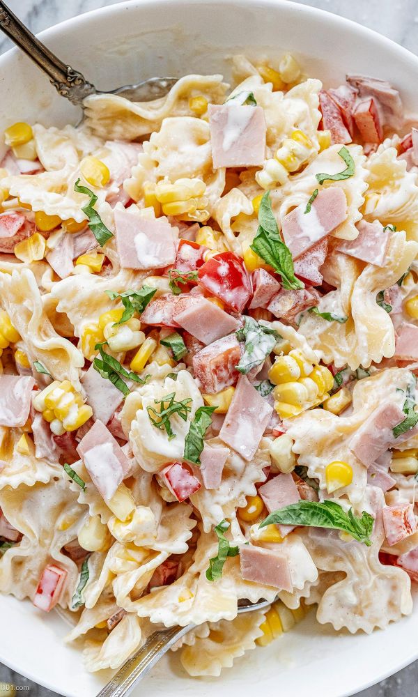 Corn Pasta Salad with Ham and Creamy Dressing