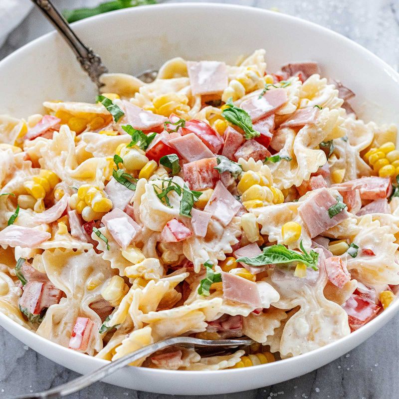 Corn Pasta Salad Recipe with Ham and Creamy Dressing Creamy Pasta
