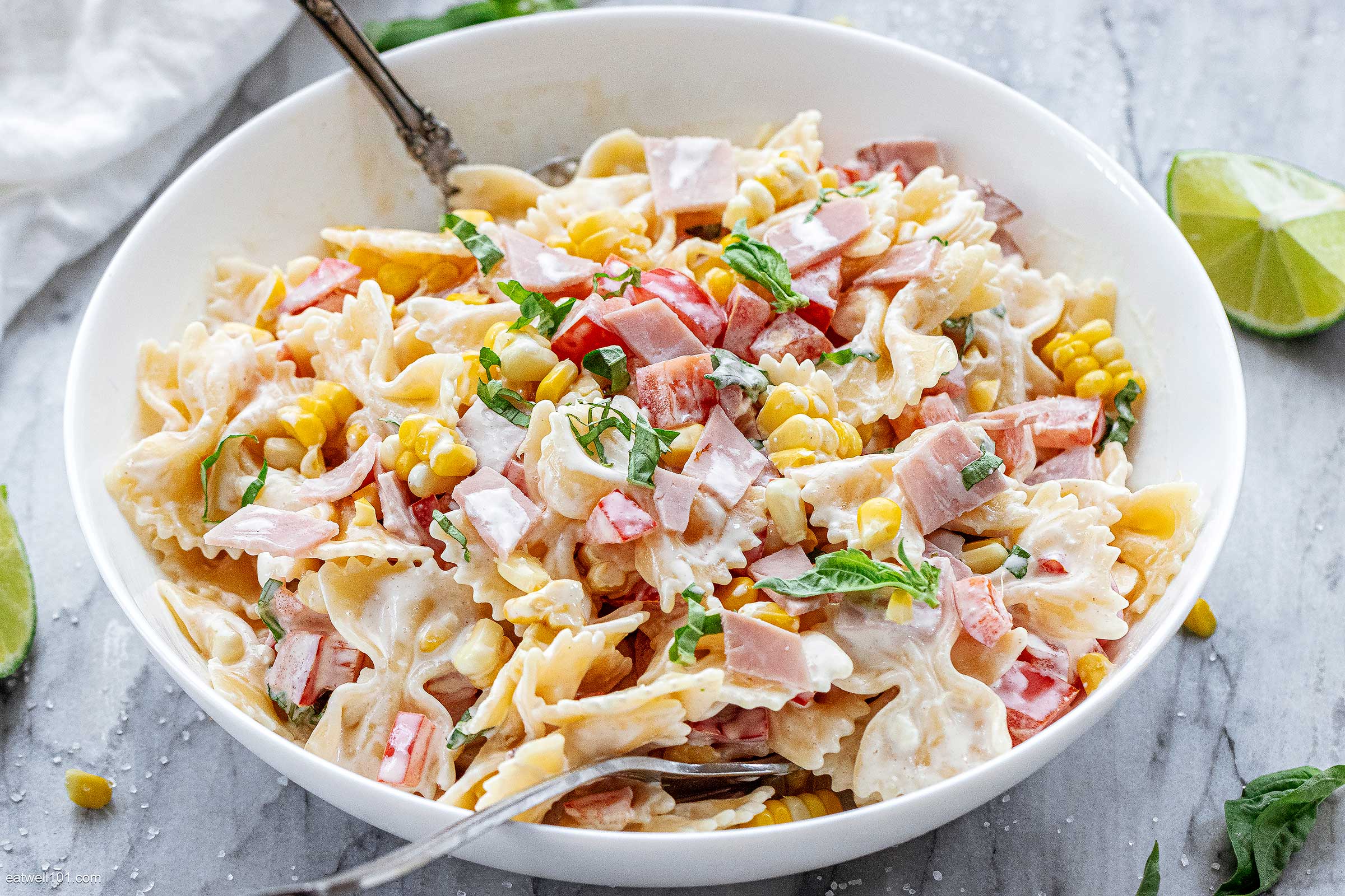 Corn Pasta Salad with Ham and Creamy Dressing