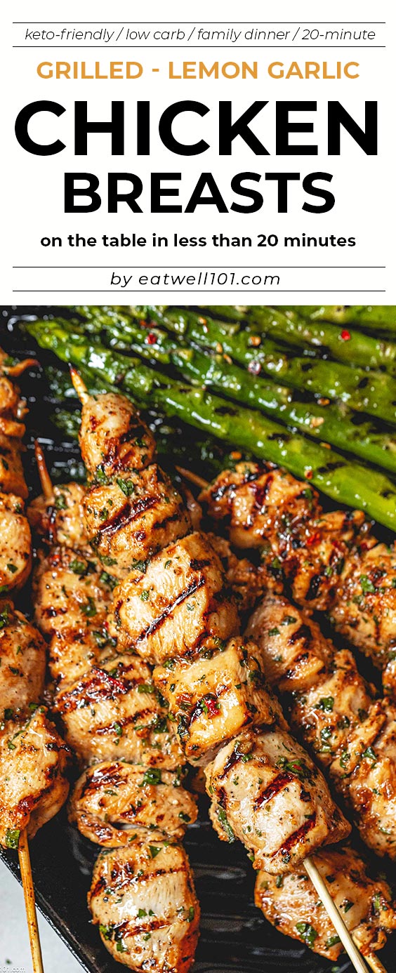 Grilled Lemon Garlic Chicken Skewers Recipe with Asparagus - #grilled #chicken #recipe #eatwell101 - Learn how to make the juiciest grilled chicken kabobs with this easy chicken recipe.