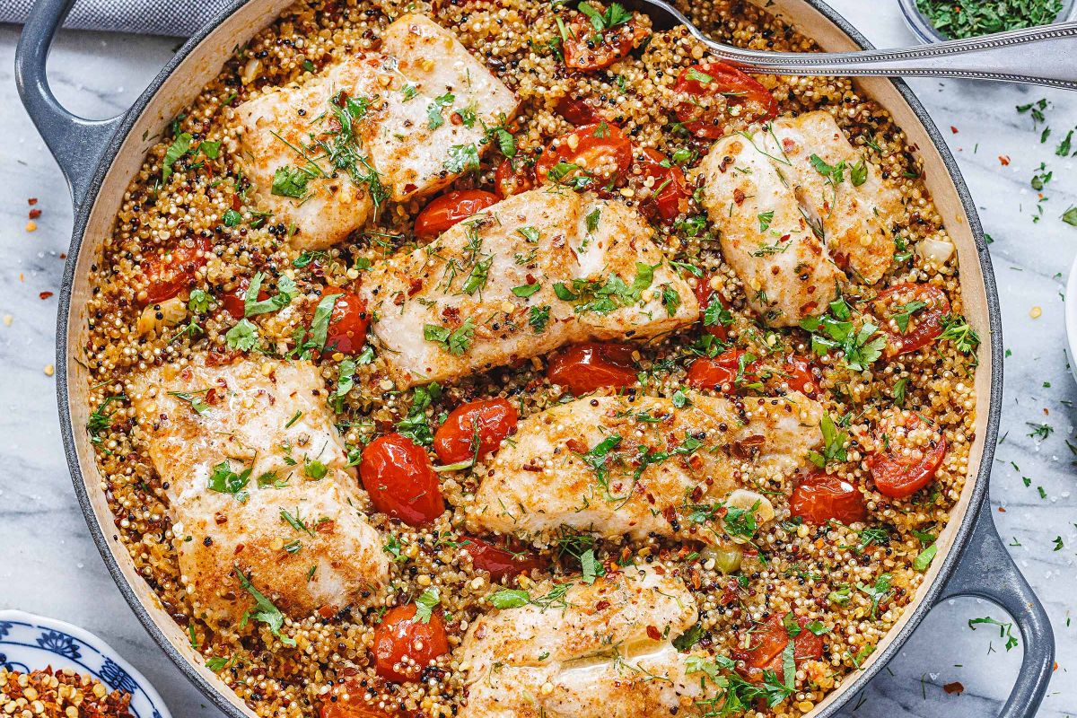 One-Pan Fish Fillets with Quinoa and Cherry Tomatoes