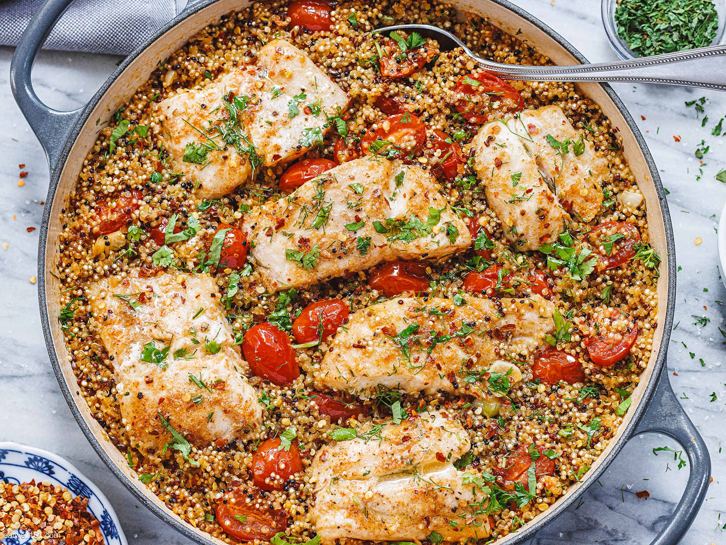 One-Pan Fish Fillets with Quinoa and Cherry Tomatoes