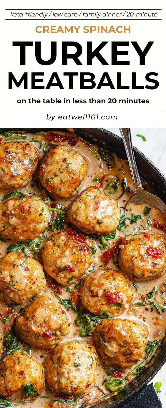 Creamy Spinach Turkey Meatballs Recipe - #turkey #chicken #meatballs #recipe #eatwell101 - These turkey meatballs are Gluten-free, low-carb, and keto-friendly - Perfect for a crowd-pleasing weeknight dinner.
