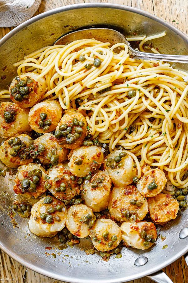 Scallop Pasta Recipe with Caper Butter Sauce - #recipe by #eatwell101 - https://www.eatwell101.com/scallop-pasta-recipe