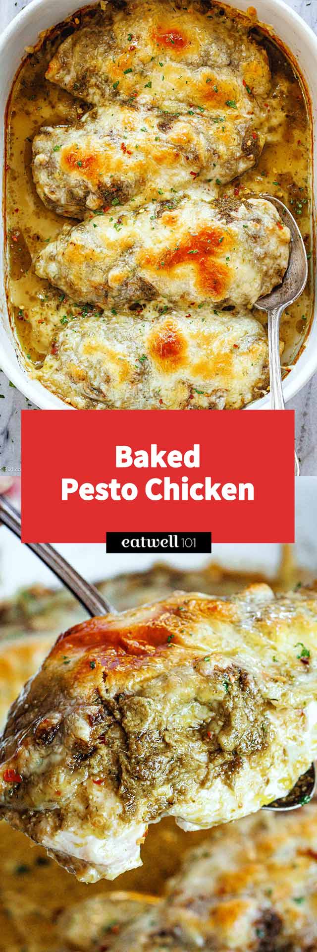 Baked Pesto Chicken - #chicken #pesto #recipe #eatwell101 - This baked pesto chicken recipe combines tender chicken, bold flavors, and gooey cheese for an easy and delicious dinner for busy weeknights!