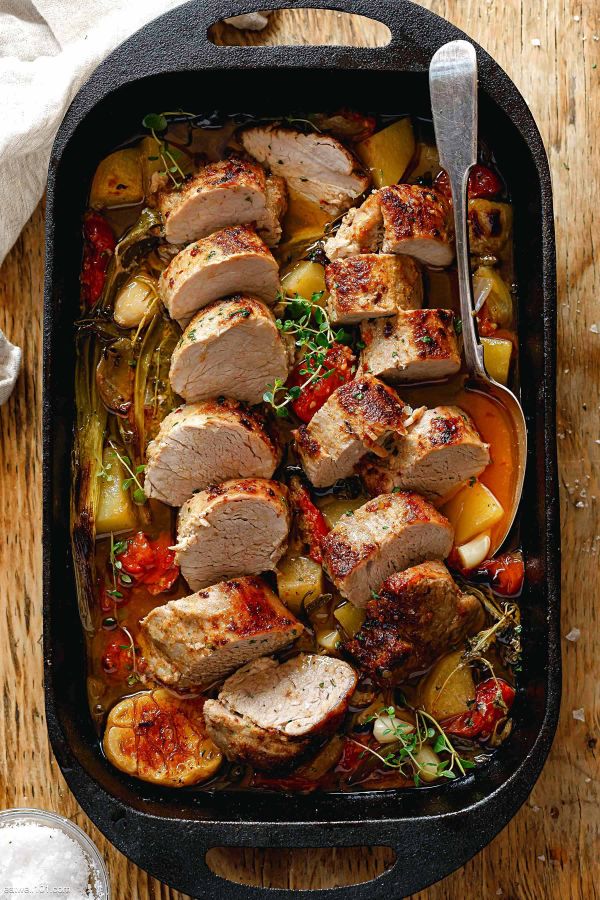 Baked Pork Tenderloin with Vegetables and Spiced Butter - #recipe by #eatwell101 - https://www.eatwell101.com/baked-pork-tenderloin-recipe