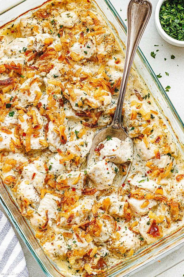 Baked Ranch Chicken Casserole with Crispy Onion - #recipe by #eatwell101 - https://www.eatwell101.com/baked-ranch-chicken-casserole-recipe