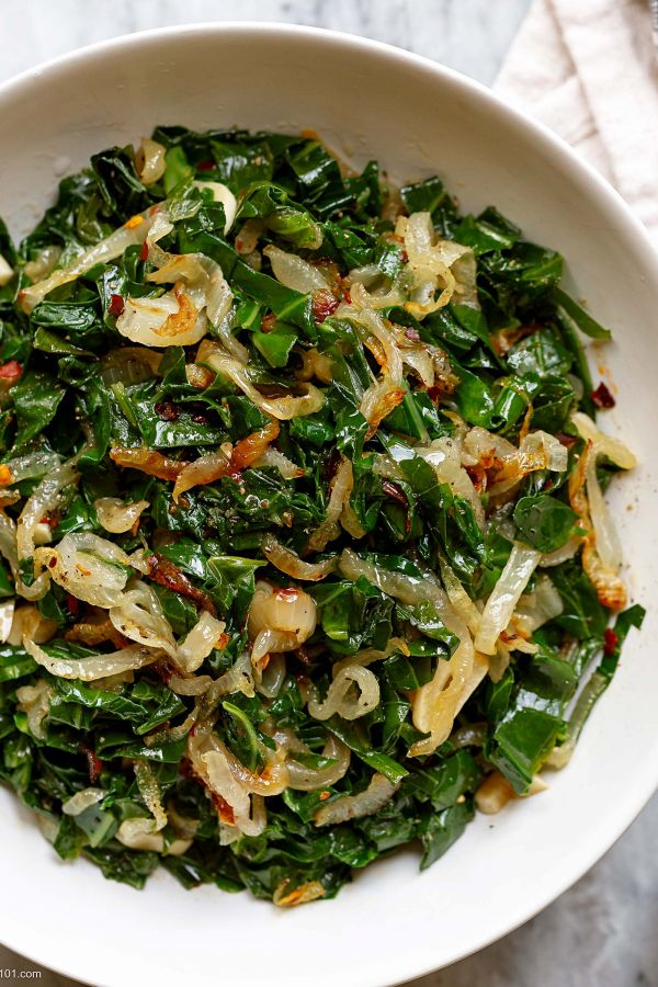 Quick Fried Collard Greens with Onion - #recipe by #eatwell101 - https://www.eatwell101.com/fried-collard-greens-recipe