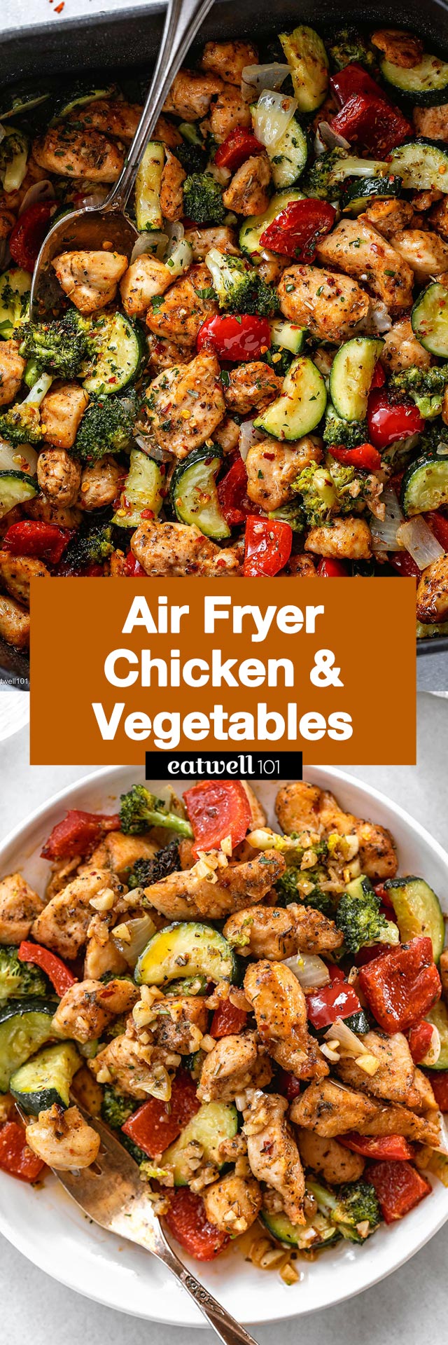 This air fryer chicken and veggies recipe - #airfryer #chicken #recipe #eatwell101 - Super easy to make and full of flavor. Air fryer chicken and vegetables make a complete and healthy low-carb or keto meal in under 20 minutes!