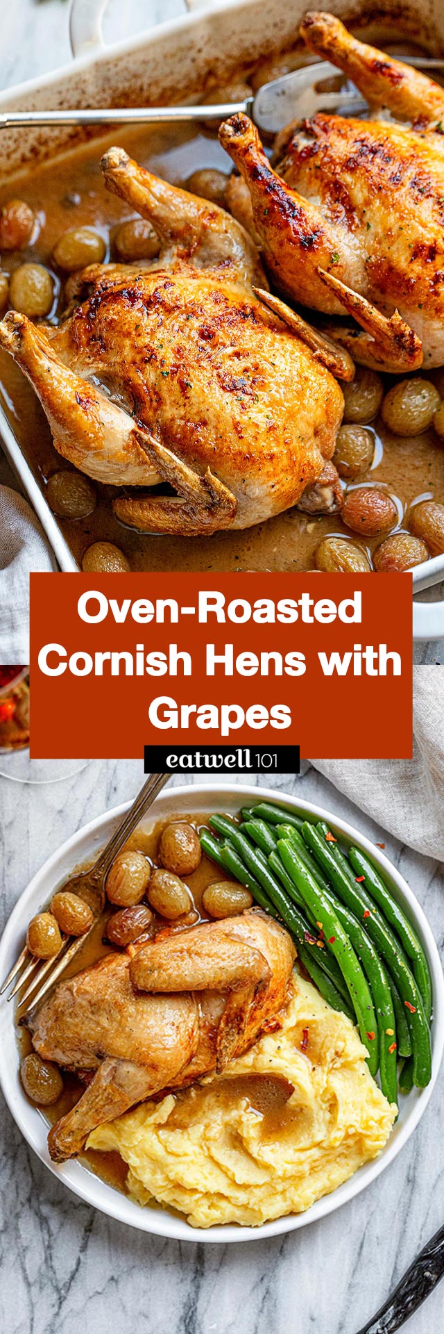 Oven-Roasted Cornish Hens with Grapes - #cornishhen #recipe #eatwell101 - This oven roasted cornish hens recipe packs a maximum of flavors with only few ingredients. The baked cornish hens will be your new favorite recipe for holiday dinners or to impress your dinner party guests. 