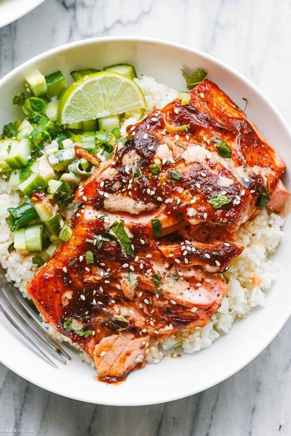 BBQ Salmon Bowl - #recipe by #eatwell101 - https://www.eatwell101.com/bbq-salmon-bowl-recipe
