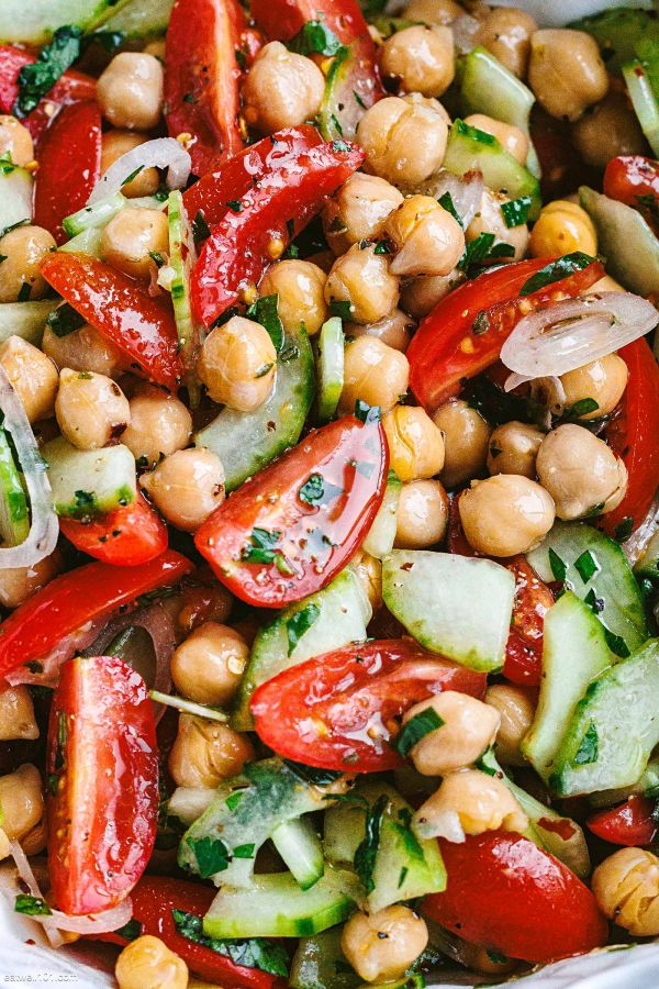 Chickpea Salad - #recipe by #eatwell101 - https://www.eatwell101.com/chickpea-salad-recipe-cucumber-and-tomato