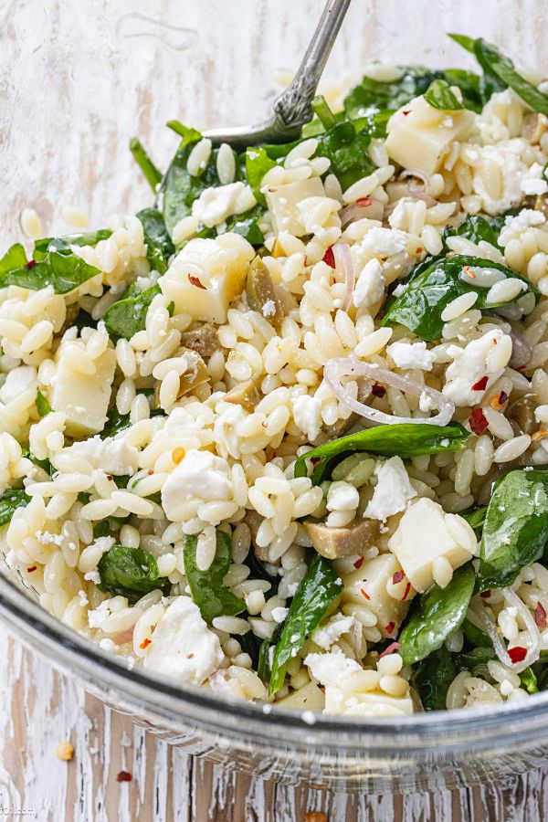 Spinach Orzo Pasta Salad - #recipe by #eatwell101 - https://www.eatwell101.com/spinach-orzo-salad-recipe