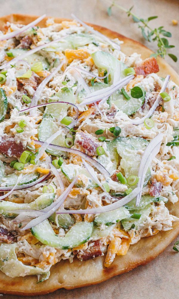Bacon Ranch Chicken Salad on Grilled Flatbread