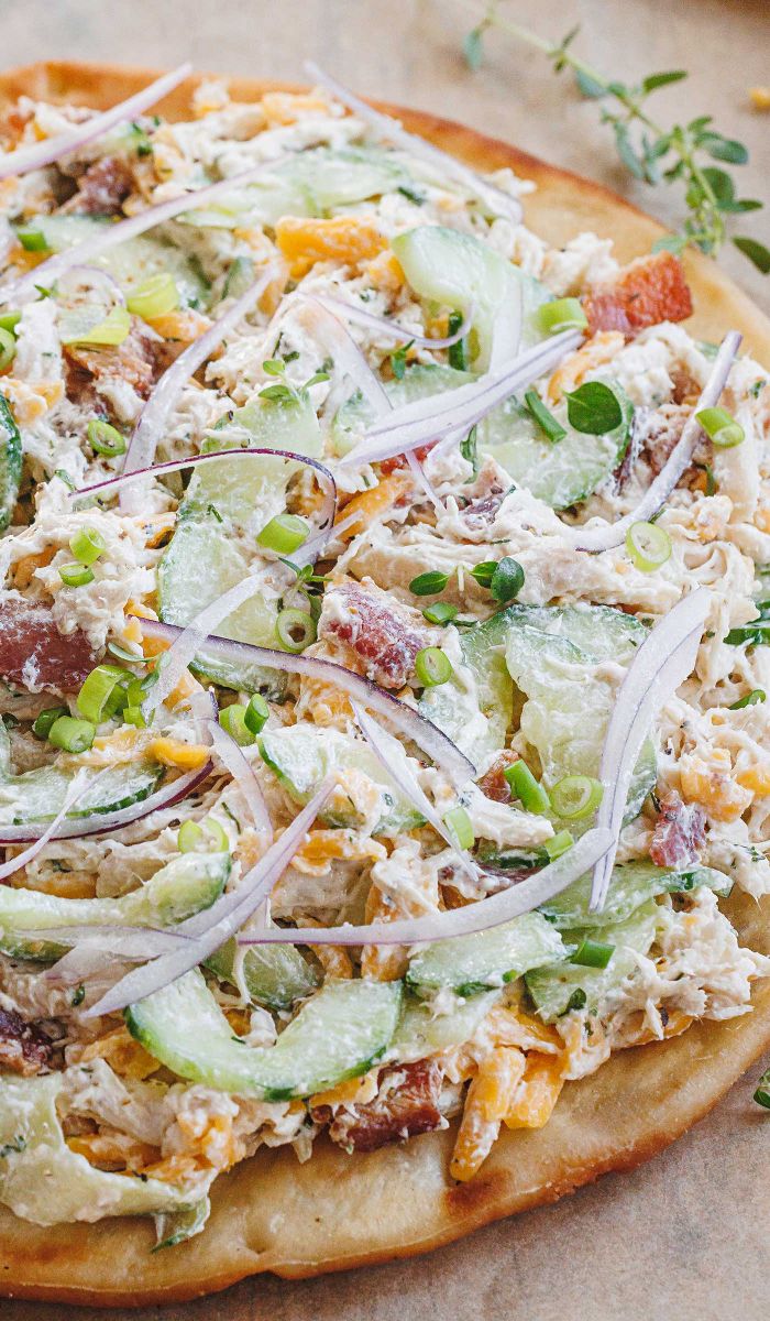 Bacon Ranch Chicken Salad on Grilled Flatbread
