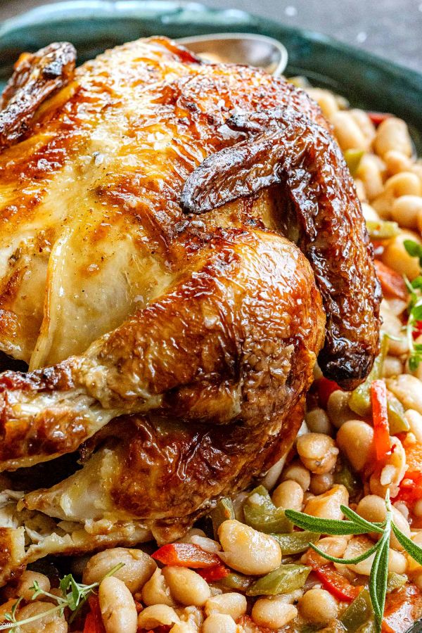 Roasted Chicken with White Beans - #recipe by #eatwell101 - https://www.eatwell101.com/easy-roasted-chicken-recipe
