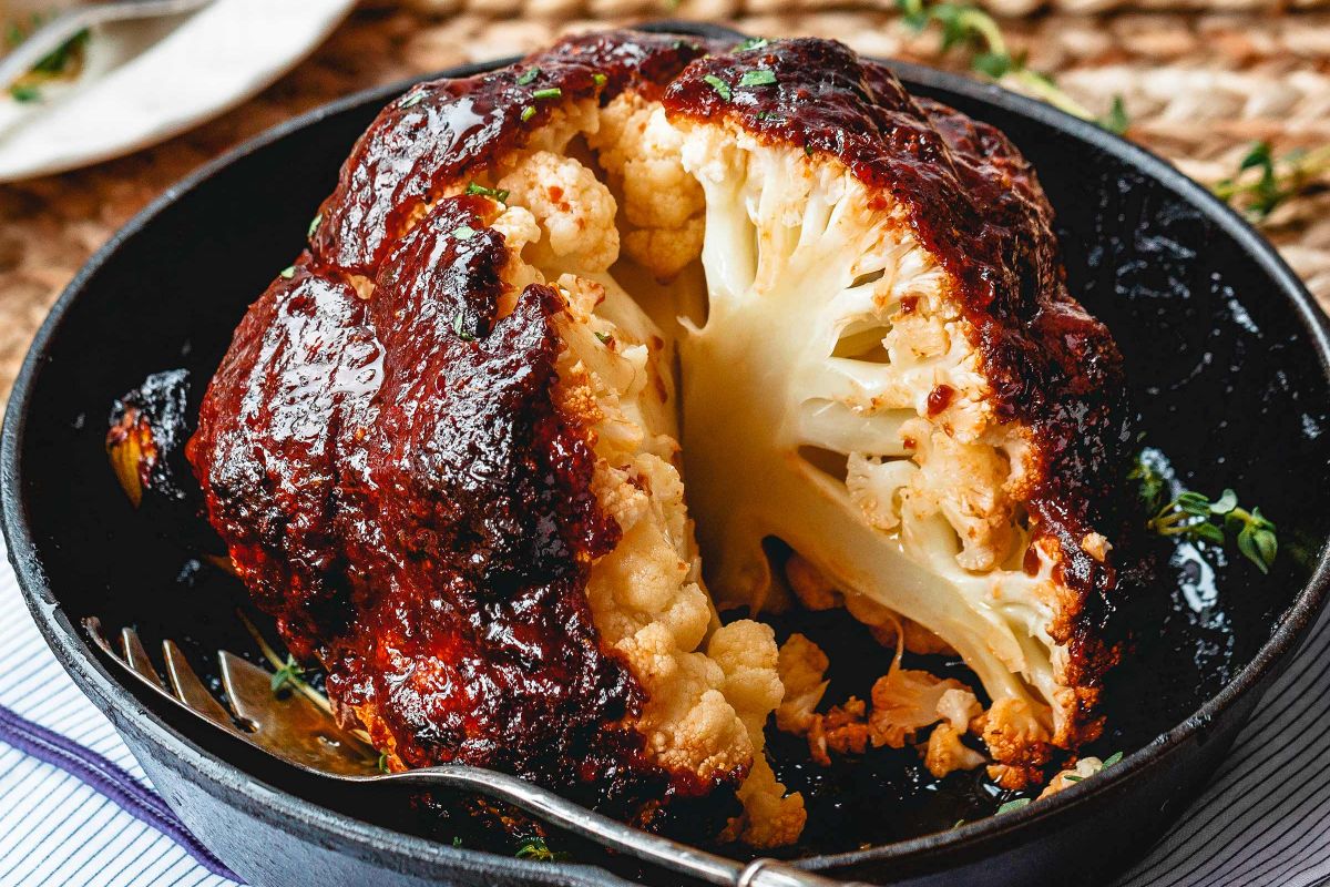 Roasted Whole Cauliflower with BBQ Sauce