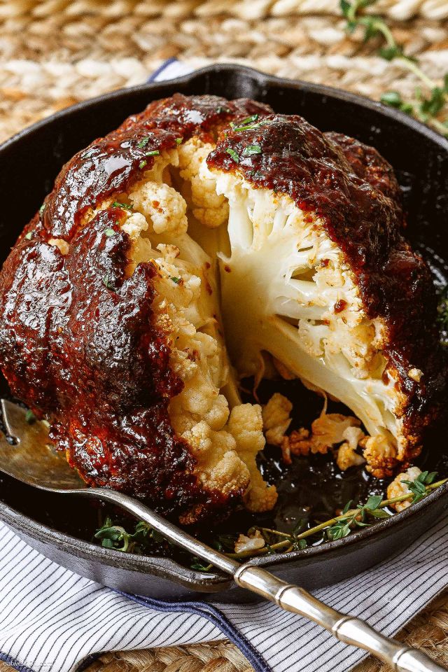 Roasted Whole Cauliflower with BBQ Sauce