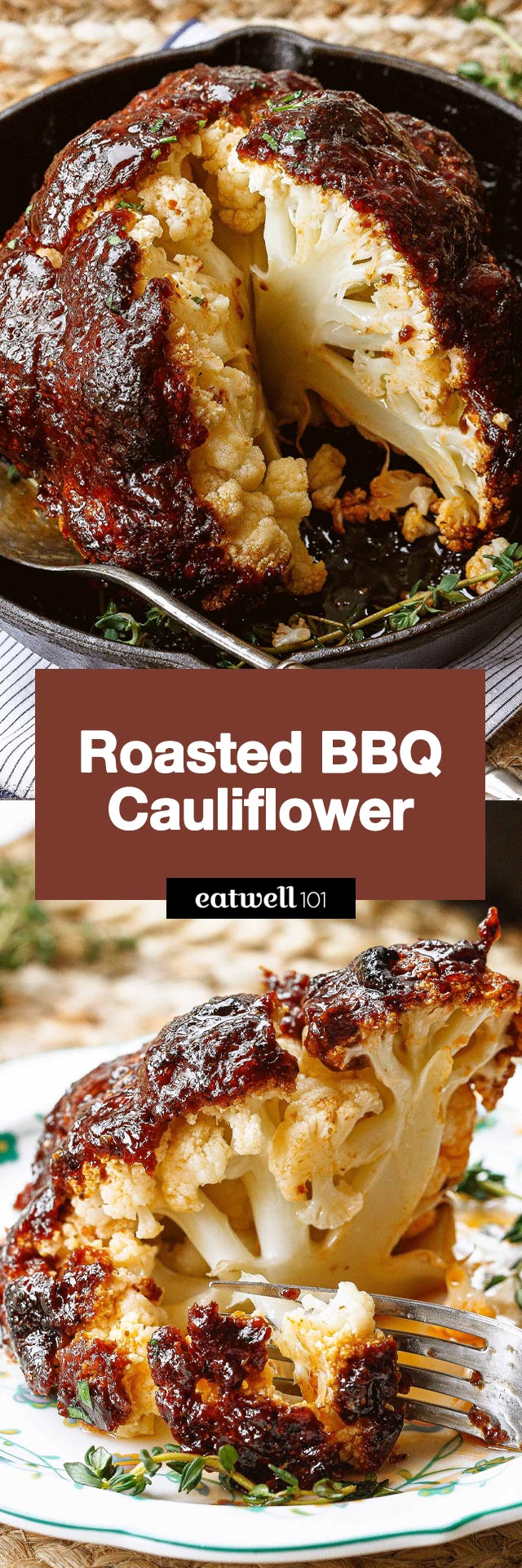 Roasted Whole Cauliflower with BBQ Sauce - #cauliflower #recipe #eatwell101 - Try our whole roasted cauliflower recipe and get swooned by it smoky flavors and crisp-tender perfection! BBQ roasted cauliflower is perfect as a gluten-free side or a vegetarian main course!