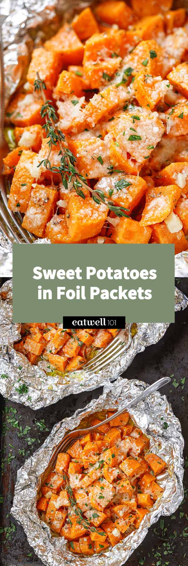 Parmesan Sweet Potatoes in Foil Packets - #sweetpotato #recipe #eatwell101 - Our parmesan sweet potatoes in foil are easy to bake and make a quick and delicious side dish that works perfectly for holidays or even weeknight dinners.