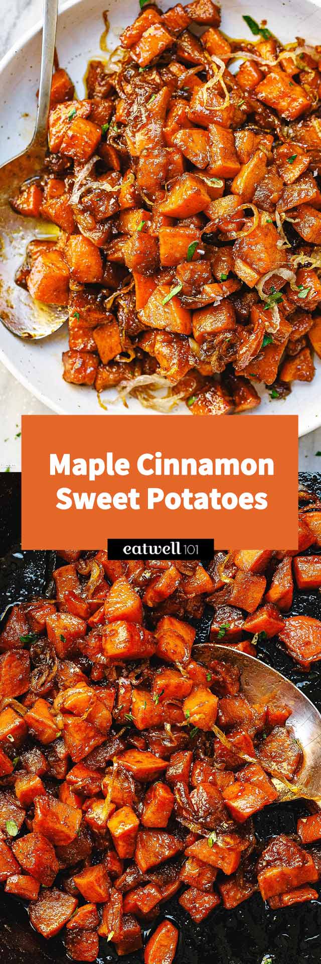 Maple Cinnamon Sweet Potatoes - #sweetpotato #recipe #eatwell101 - These cinnamon sweet potato cubes are a perfect vegetarian side dish for meal prep, weeknight dinners, or even Holidays!