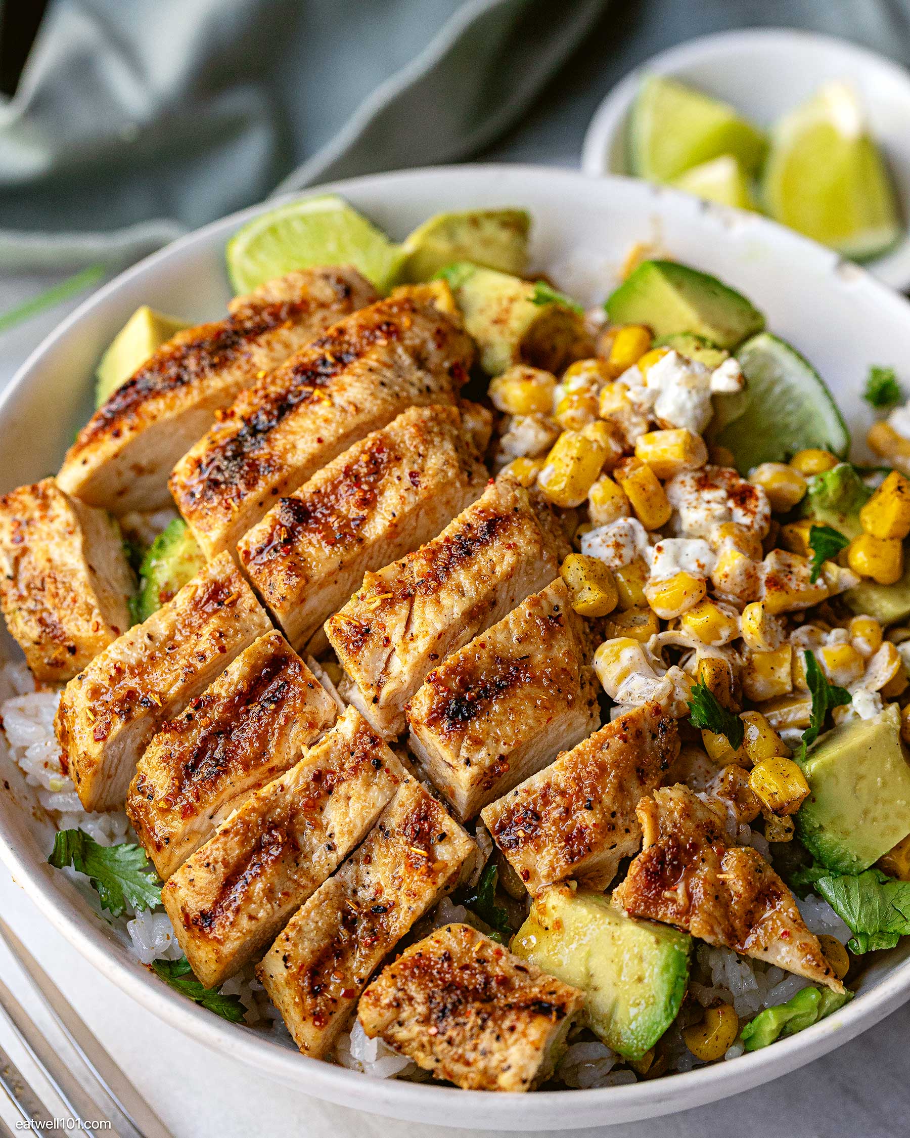 mexican street corn chicken rice bowl