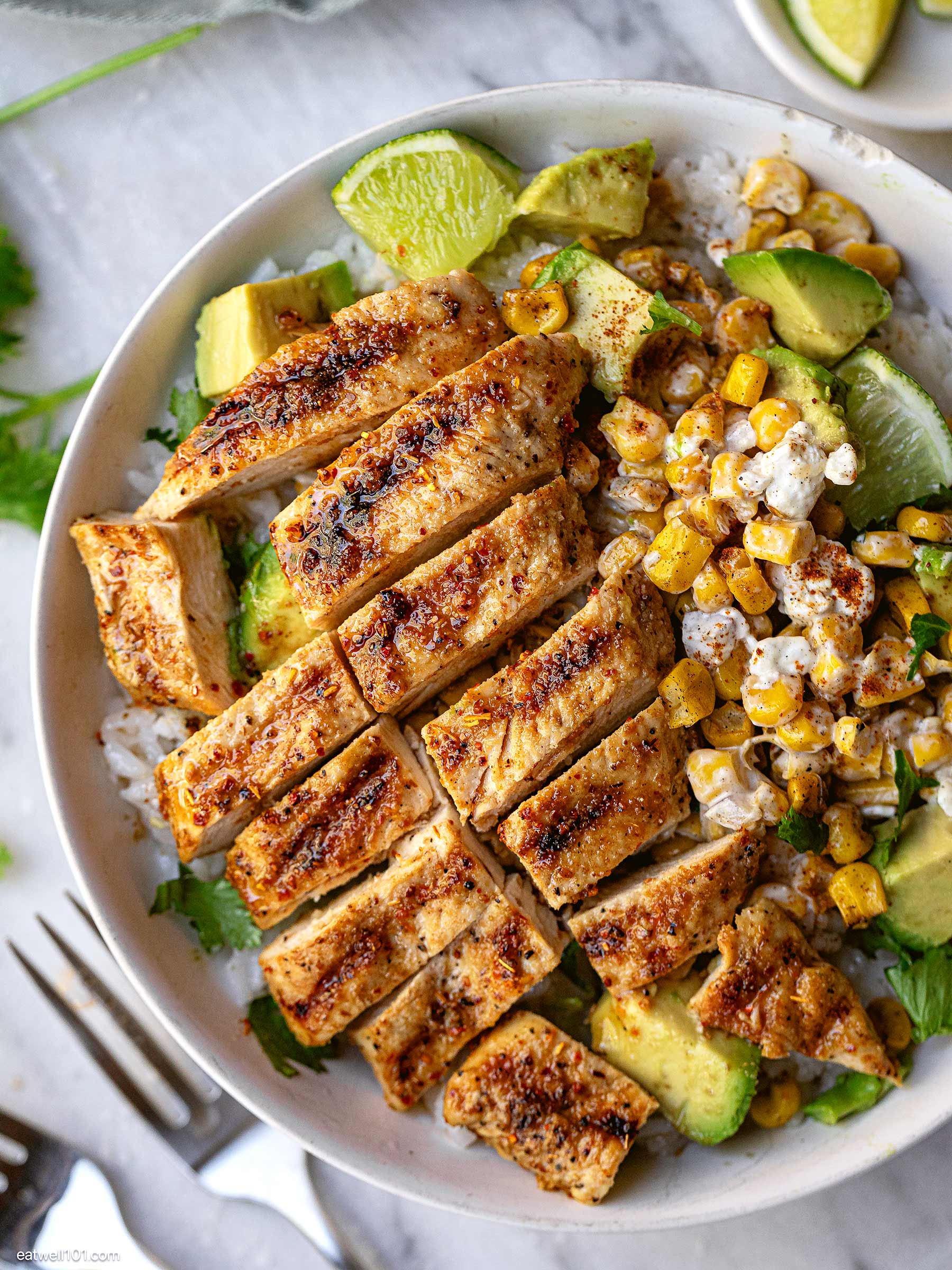 street corn chicken rice bowl