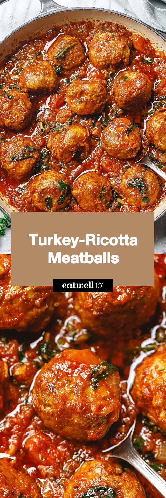 Juicy turkey meatballs made ultra tender with ricotta, seared to golden perfection, and simmered in a rich spinach marinara. #meatballs #dinner #eatwell101