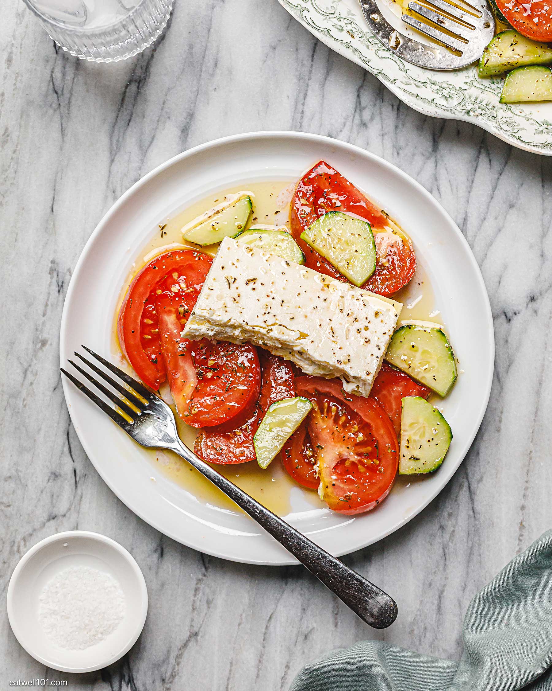 plate with feta tomato and cucumber