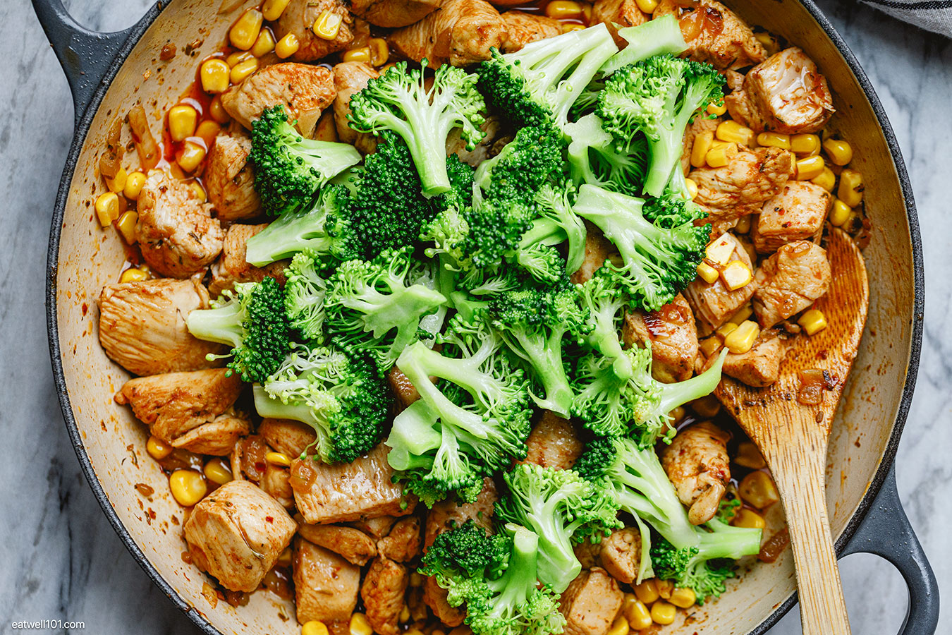 add broccoli to the chicken and corn